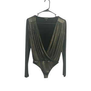 Express V Neck Long Sleeve Faux Wrap Bodysuit Metallic XXS Small